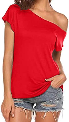 Shakumy Women летна маица на врвот на едното рамо обична боја туника, обична лабава лабава блузи со кратки ракави за жени