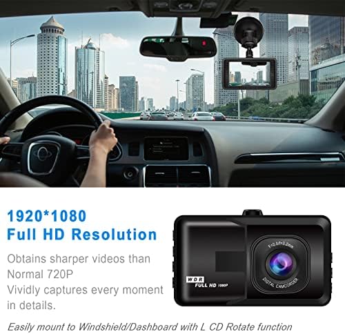 Dash Cam за автомобили, 720p целосна HD Dash камера, Dashcam со ноќно гледање, автомобилска камера со 3-инчен LCD дисплеј, снимање на јамка, автоматски снимајте звук