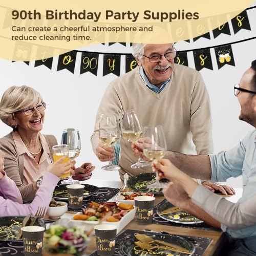 117 пакет сет на 90 -ти роденденски украси, банер/плочи/салфетки/чаши/прибор за јадење/чаршав за 16 гости, 90 години за роденденски